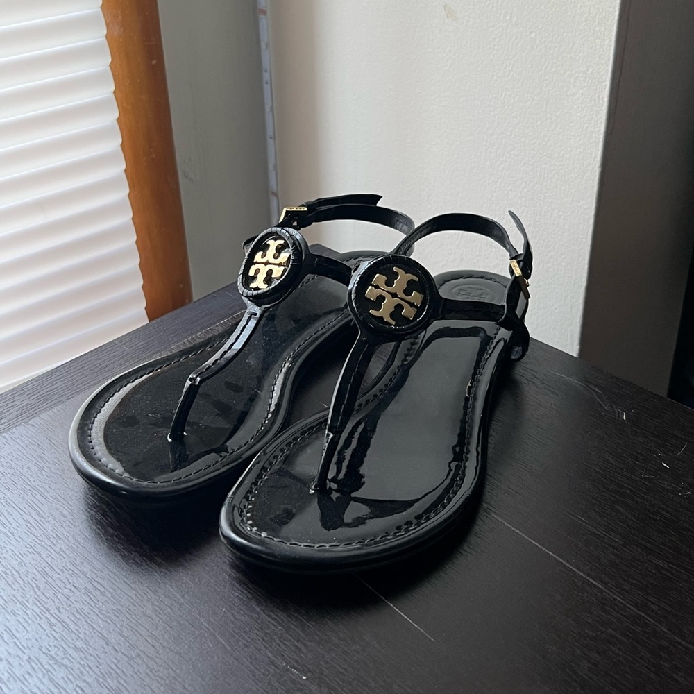 Tory Burch Black and Gold T Strap Sandal